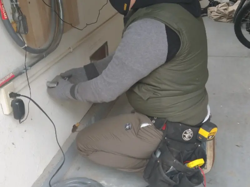 Electrician performing outlet wiring in a South Holland garage